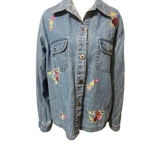 AGAPO Denim Shirt Women's Medium Embroidered Floral Long Sleeve Button Up